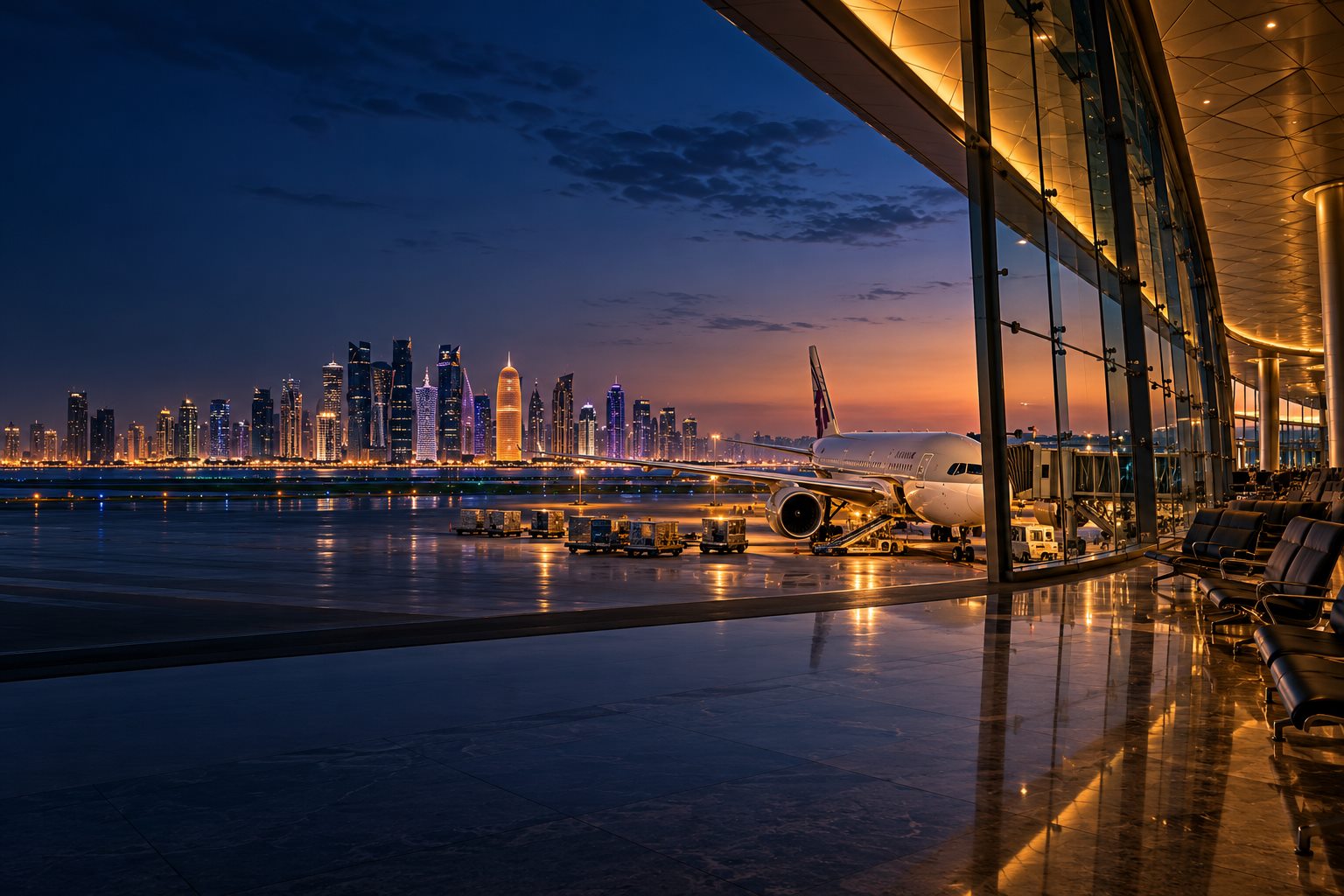 Passenger aircraft and Doha skyline at dusk, seen from an airport terminal
