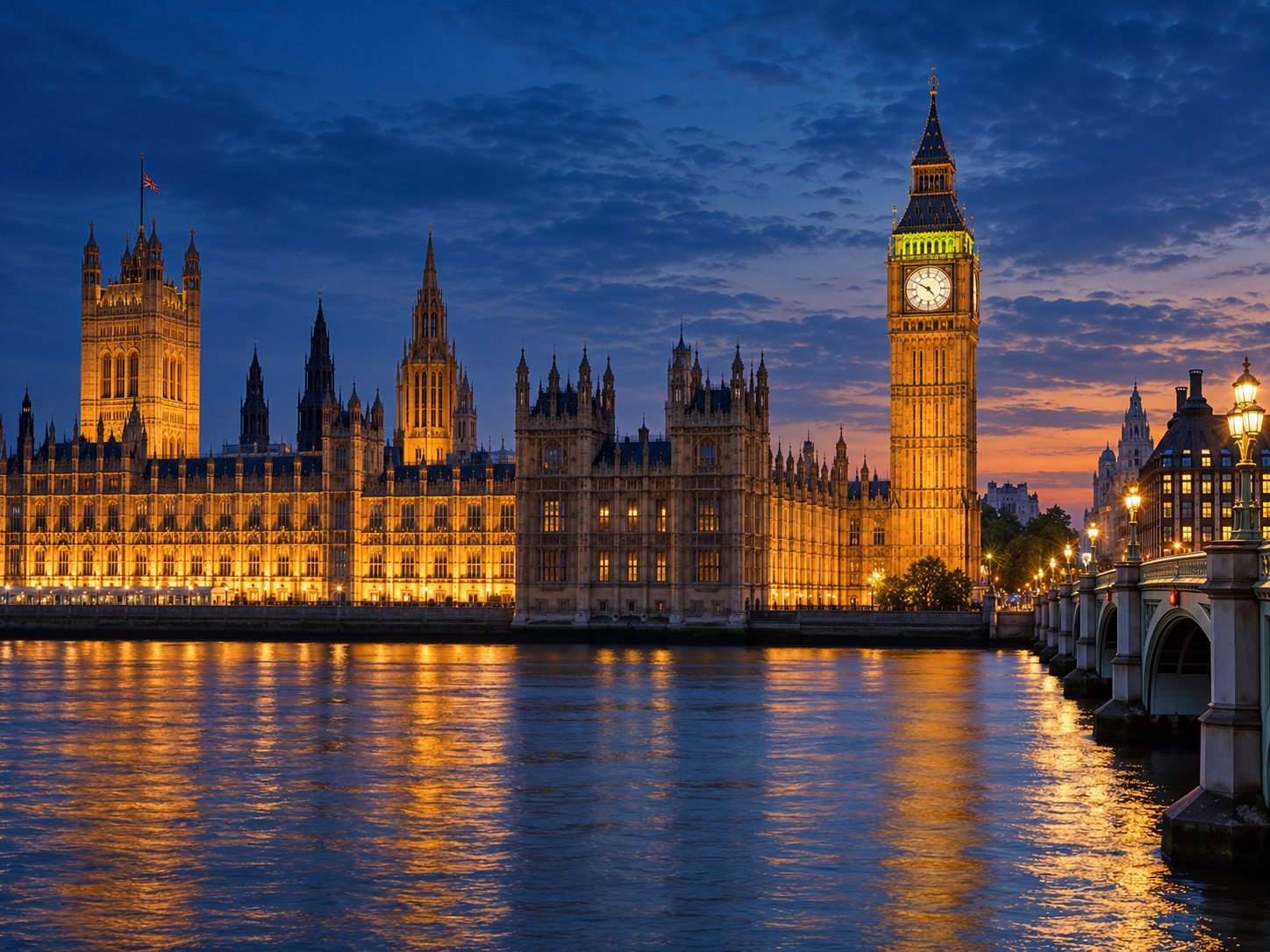 Big Ben and the Houses of Parliament across the River Thames at dusk