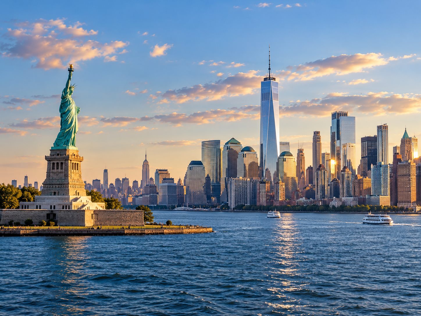 Statue of Liberty and the New York skyline in late afternoon light