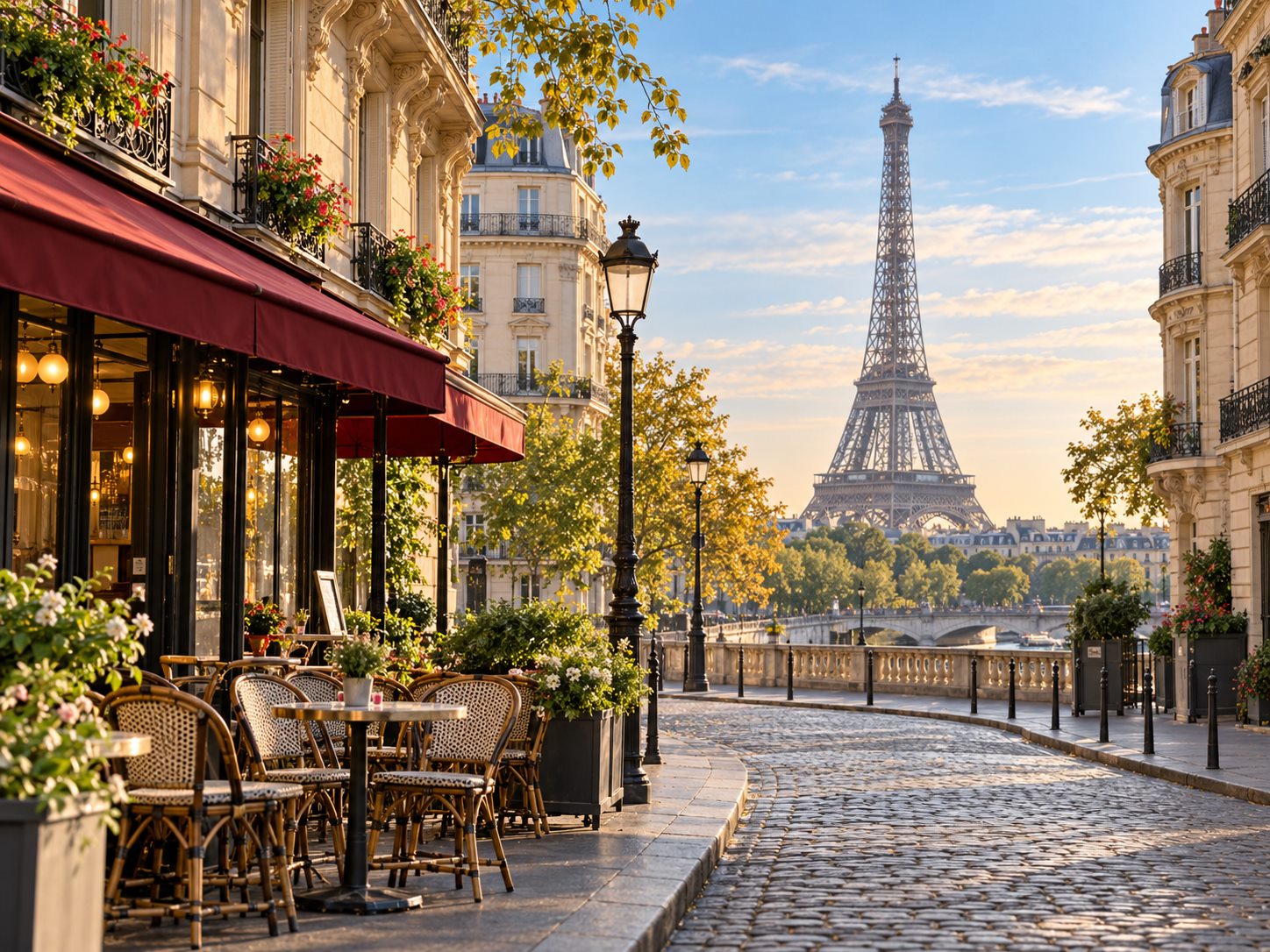 Paris rooftops and the Eiffel Tower in morning light
