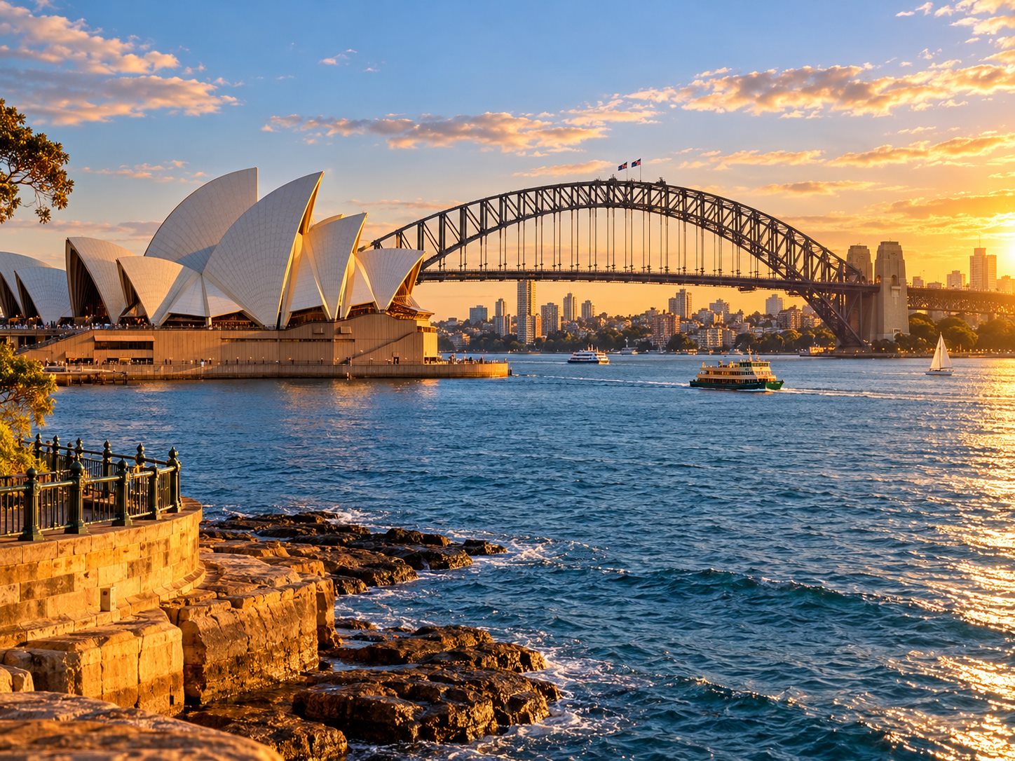 Sydney Harbour with the Opera House at sunset